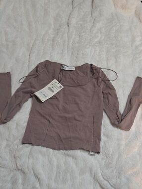 Zara Dusty Mauve Ribbed Long-Sleeve Scoop Neck Top